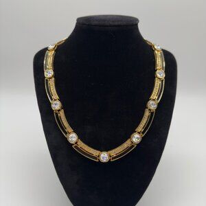 Vintage Runway Monet Gold Rhinestone Black Enamel Necklace Sectional Collar